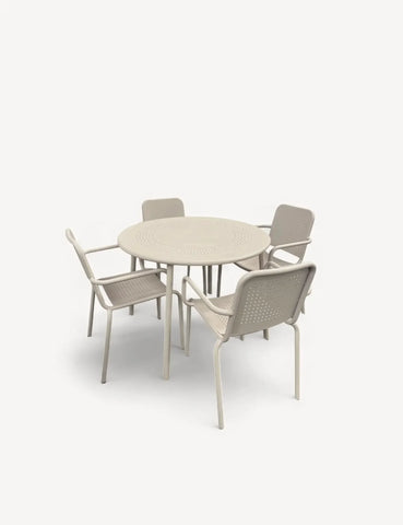 Champagne outdoor dining set with round table and four matching chairs