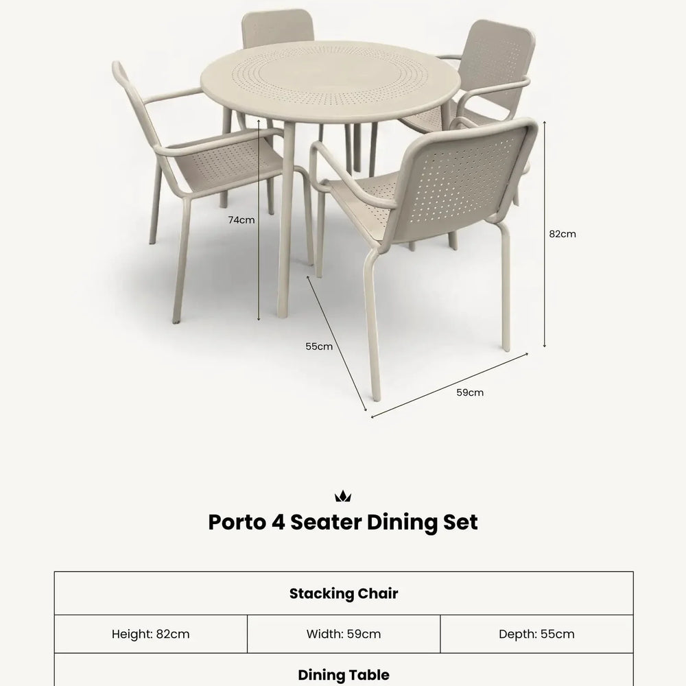 Porto 4 seater dining set in champagne with round table and four stackable chairs, size details shown