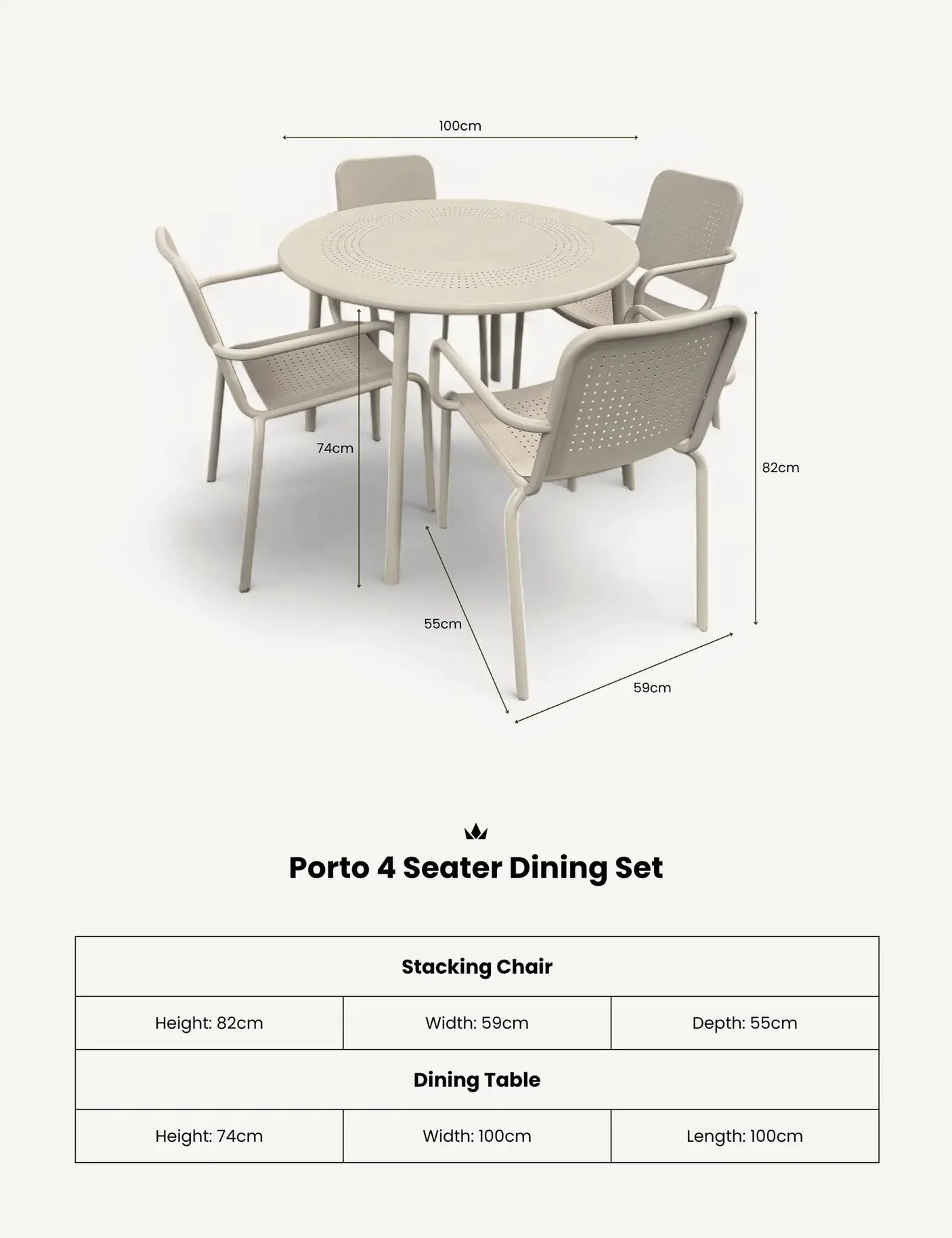 Porto 4 seater dining set in champagne with round table and four stackable chairs, size details shown