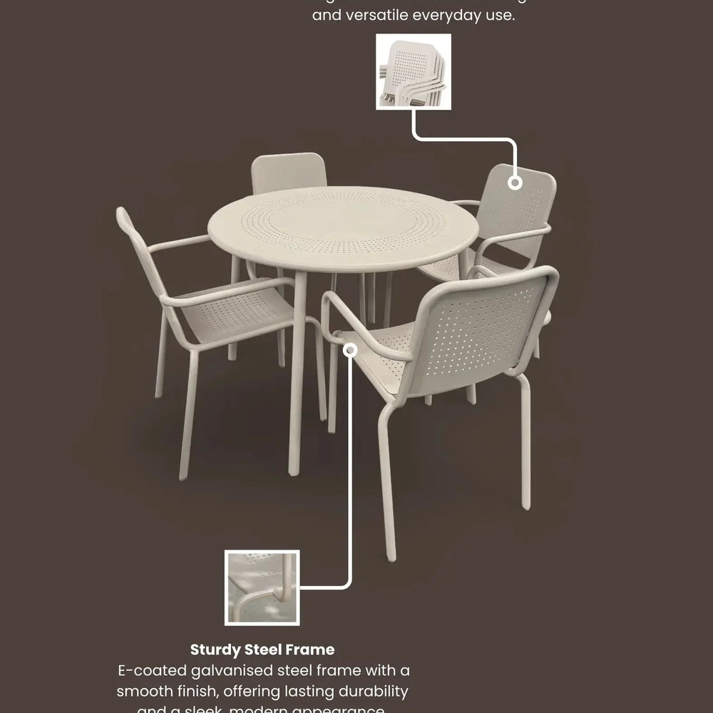 Champagne steel outdoor dining set with round table and four stackable chairs