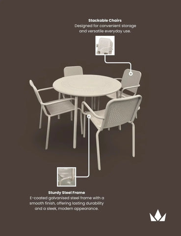 Champagne steel outdoor dining set with round table and four stackable chairs