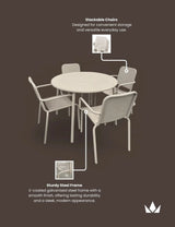 Champagne steel outdoor dining set with round table and four stackable chairs