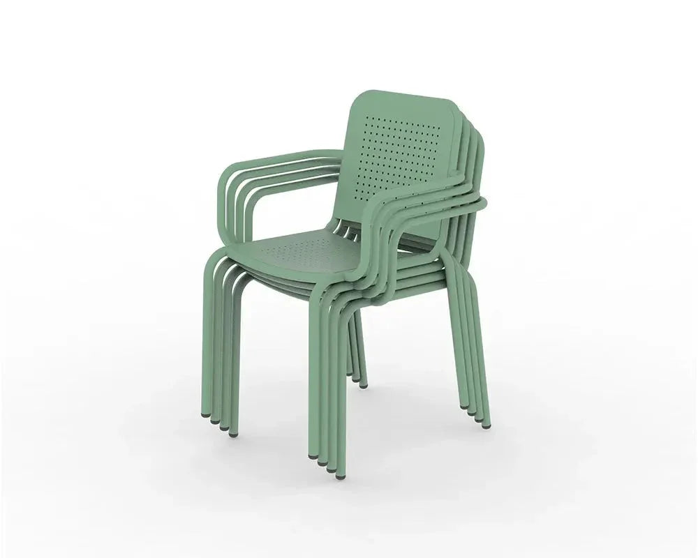 Set of four olive green stackable outdoor chairs with armrests and perforated seats