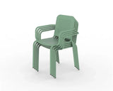Set of four olive green stackable outdoor chairs with armrests and perforated seats