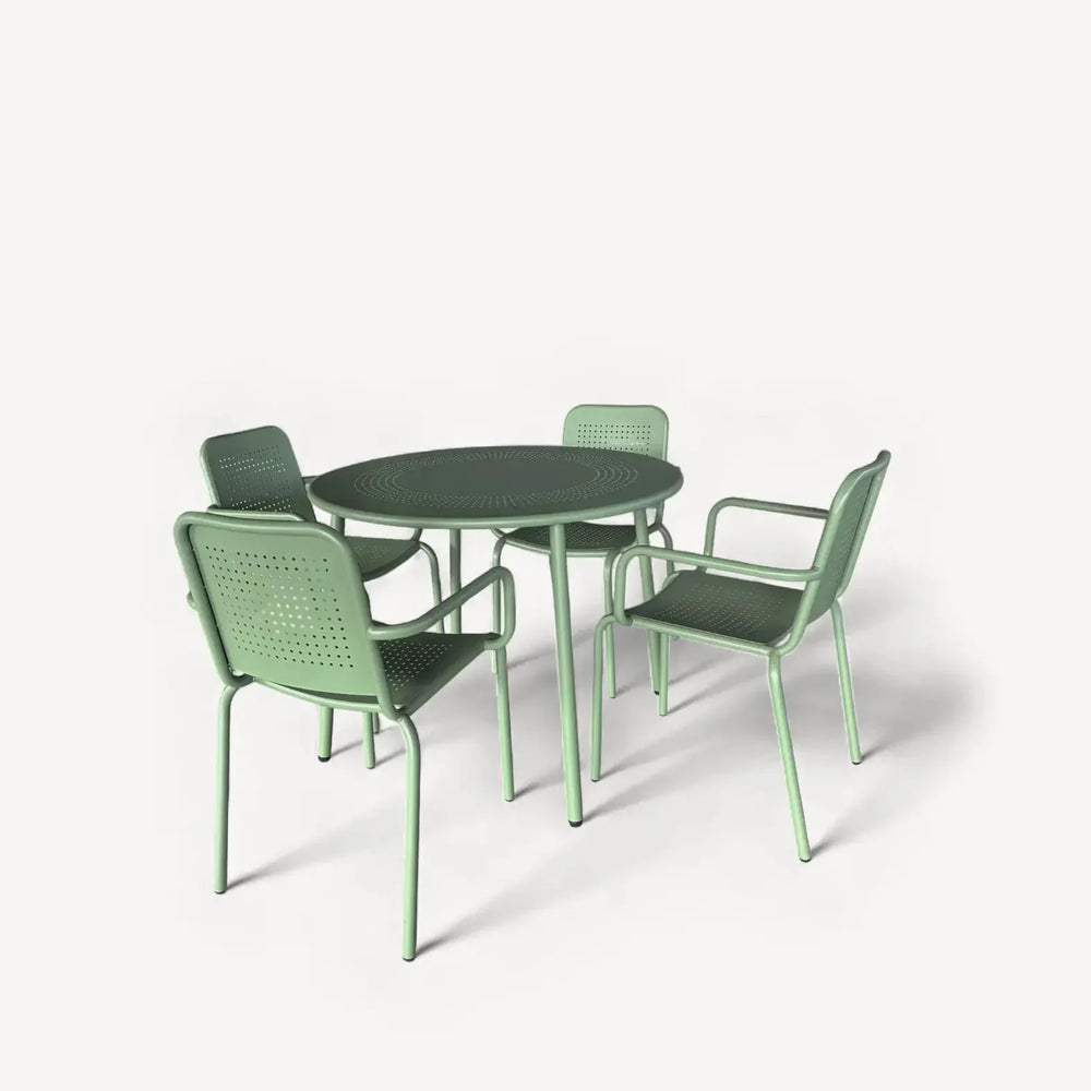 Olive green metal dining set with round table and four perforated chairs