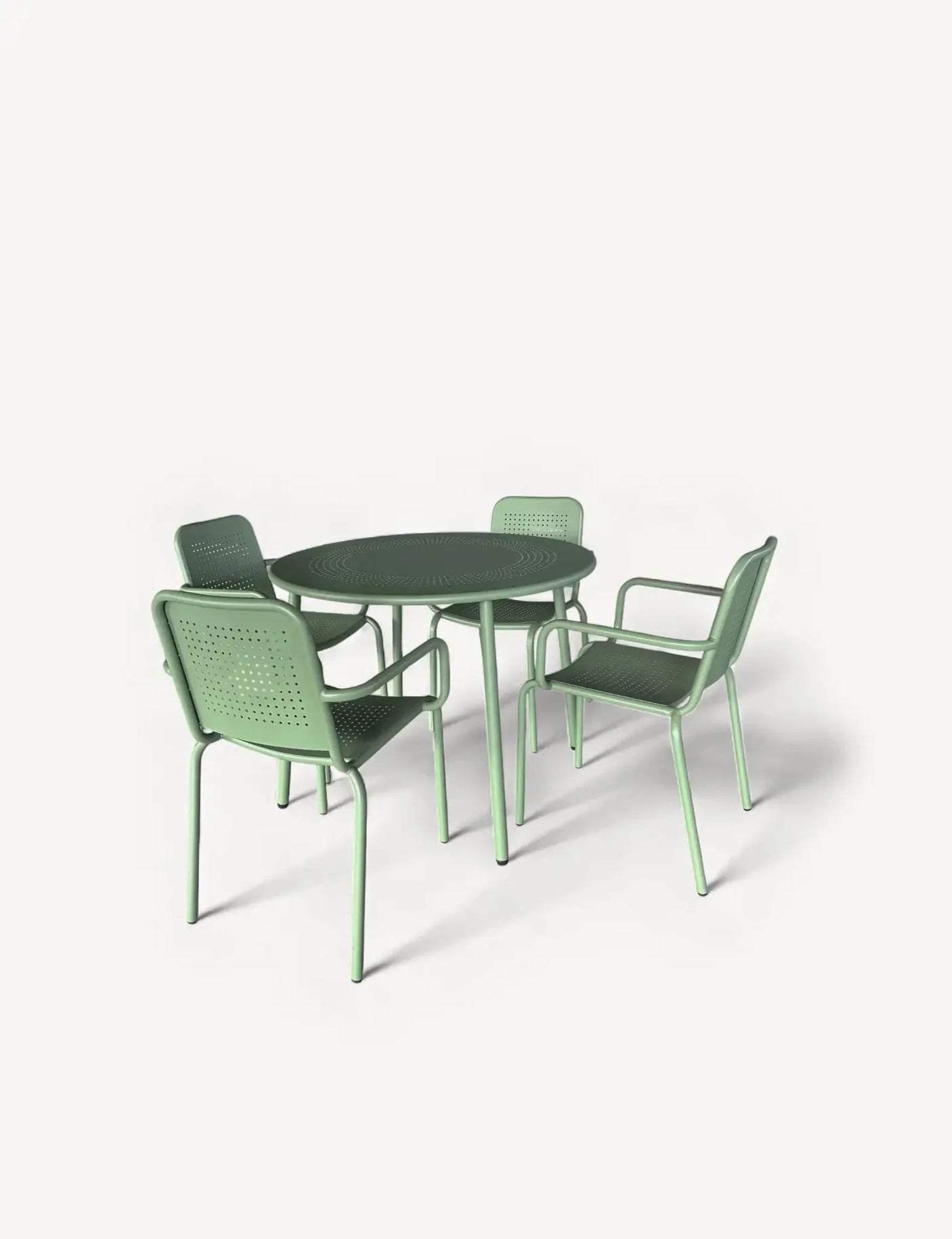 Olive green metal dining set with round table and four perforated chairs