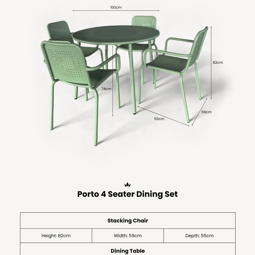 Olive metal Porto 4 seater dining set with round table and four stacking chairs, size details shown
