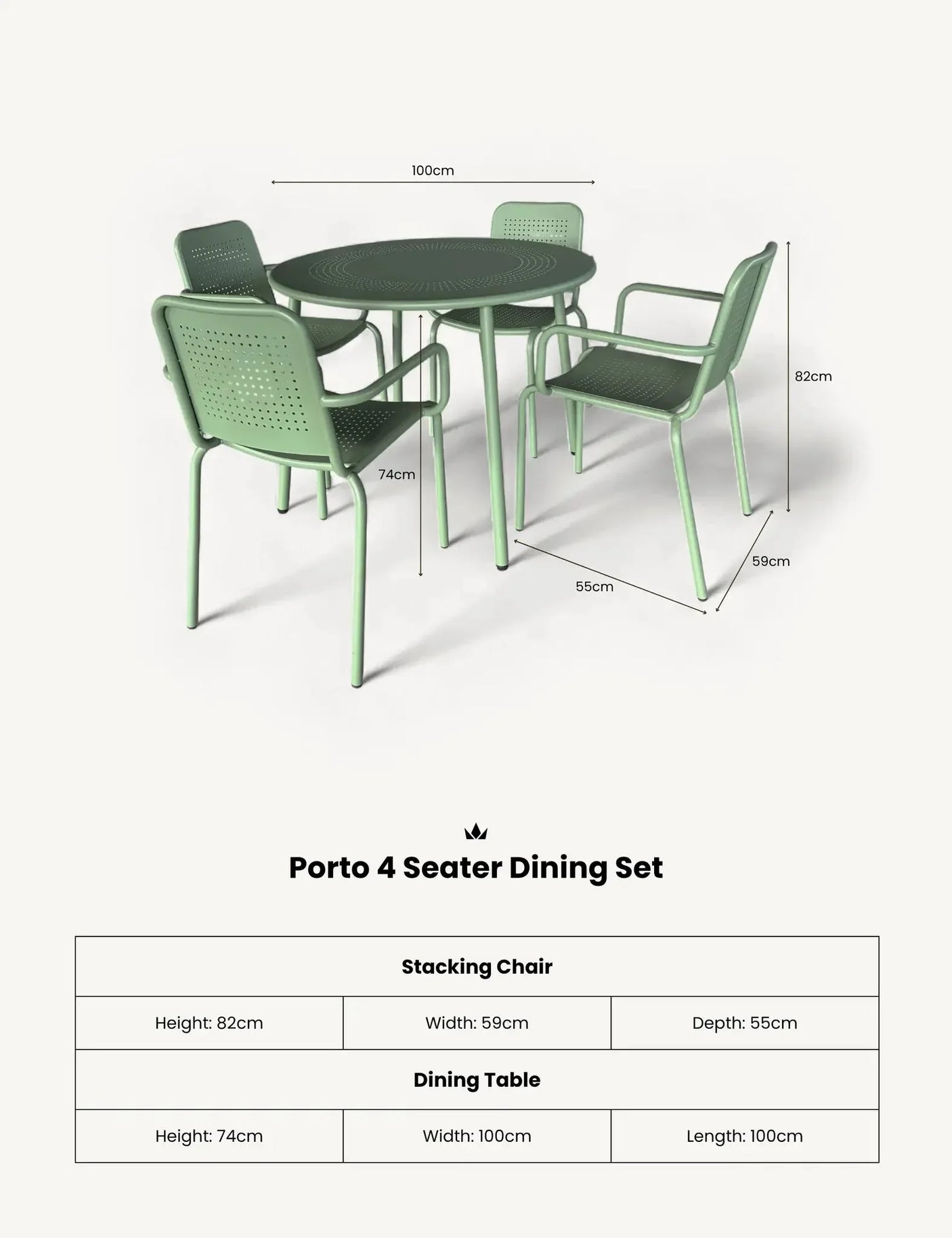 Olive metal Porto 4 seater dining set with round table and four stacking chairs, size details shown