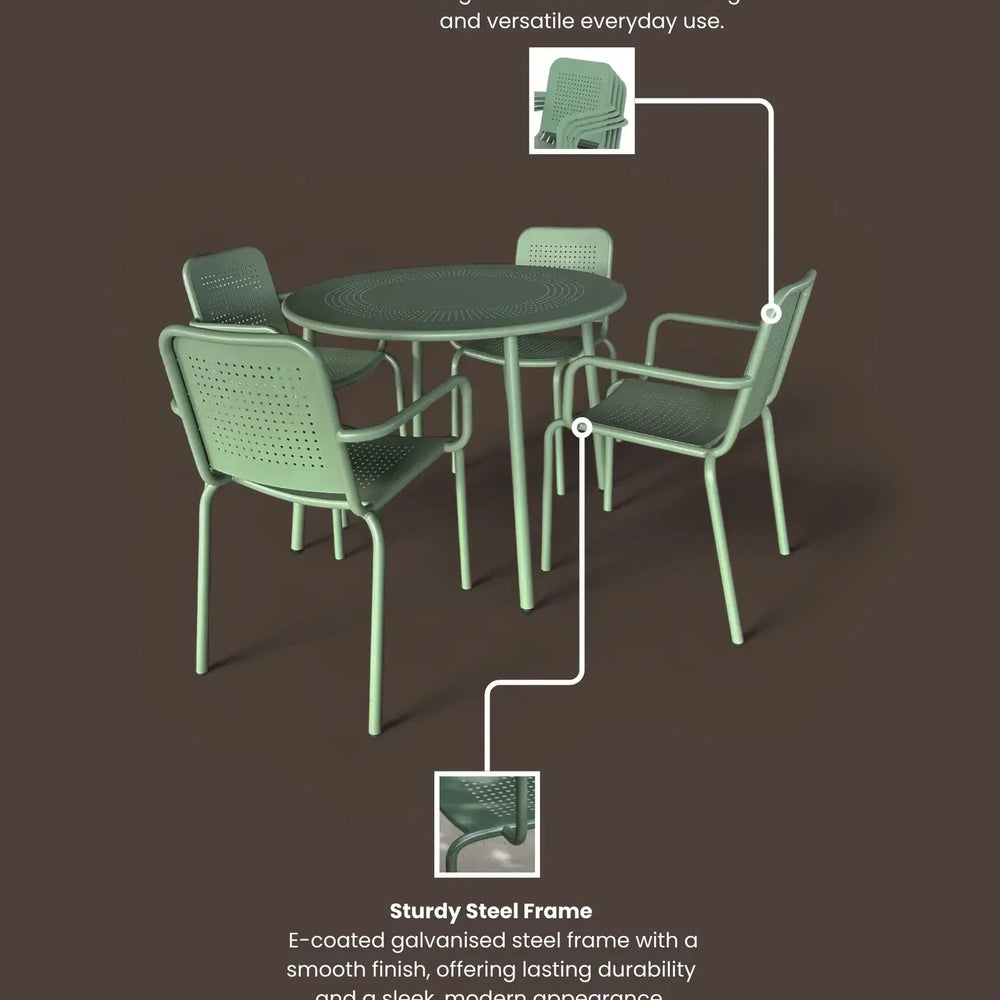 Olive green steel garden dining set with round table and four stackable chairs