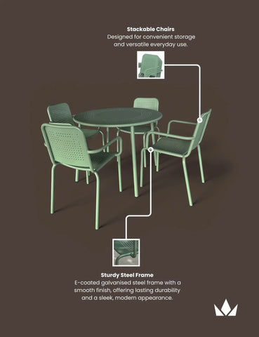 Olive green steel garden dining set with round table and four stackable chairs
