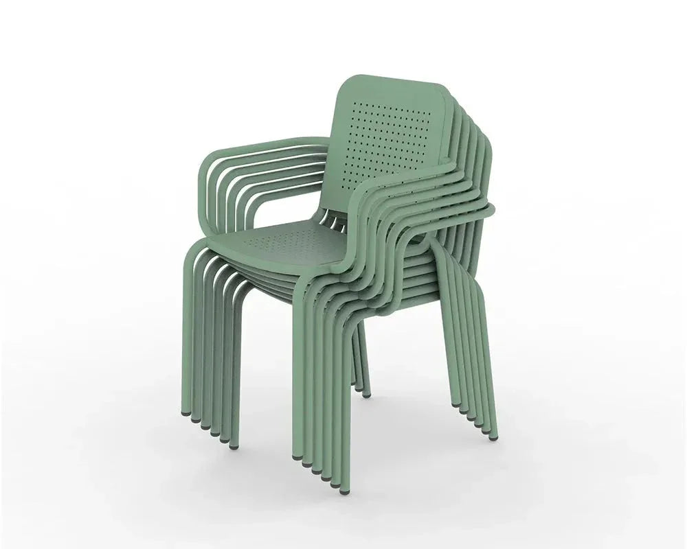 Stacked olive green outdoor dining chairs with armrests and perforated seats