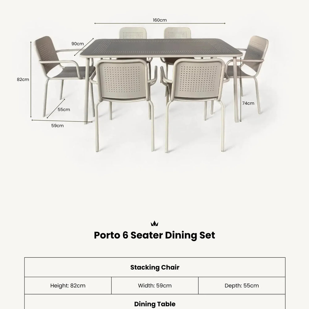 Porto 6 seater dining set in champagne finish with rectangular table and six stackable chairs