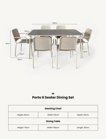 Porto 6 seater dining set in champagne finish with rectangular table and six stackable chairs