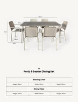 Porto 6 seater dining set in champagne finish with rectangular table and six stackable chairs