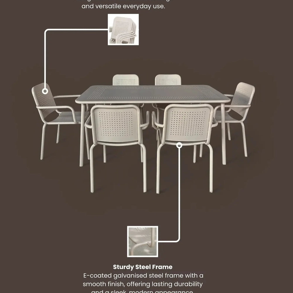 Champagne steel garden dining set with stackable chairs and rectangular table