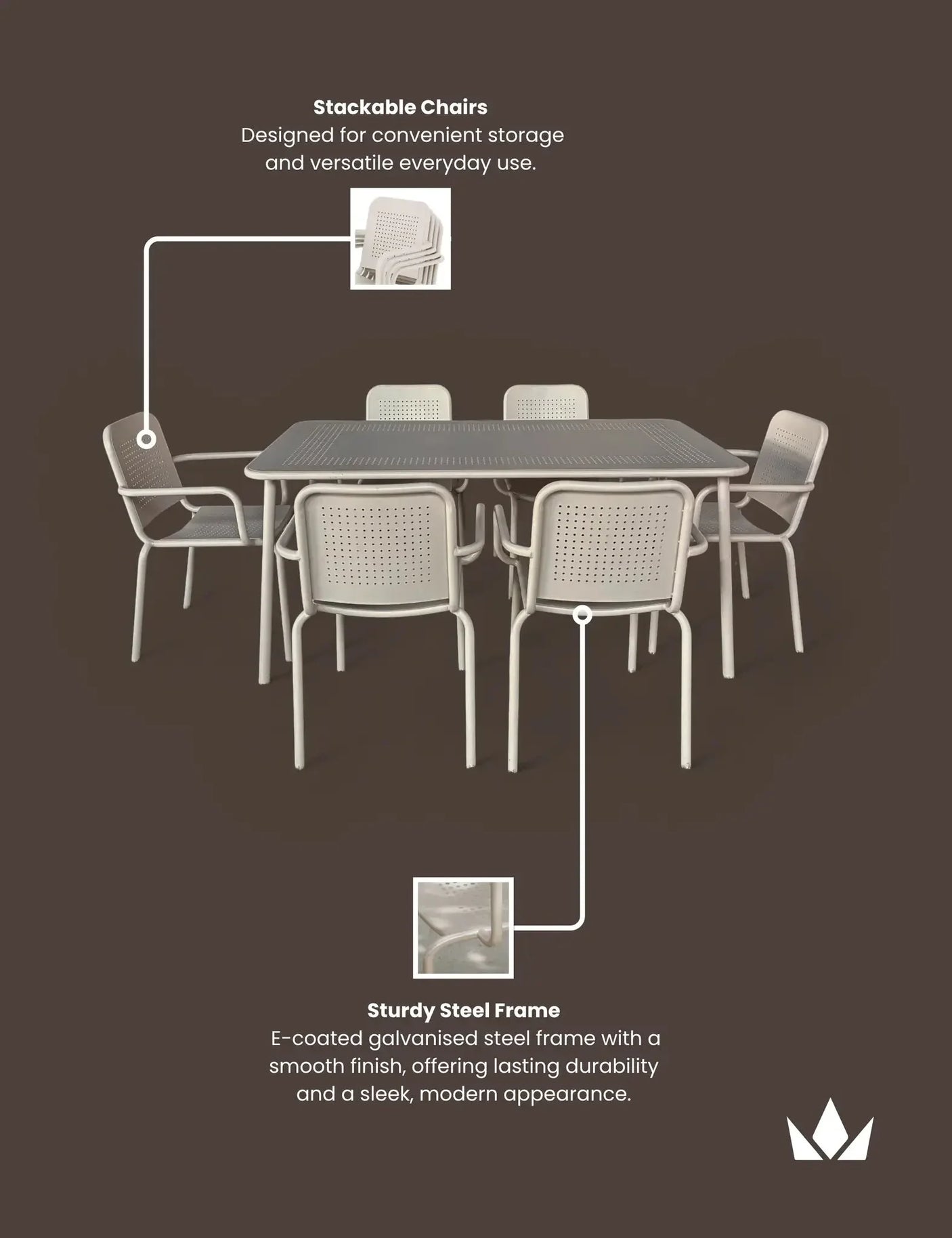 Champagne steel garden dining set with stackable chairs and rectangular table