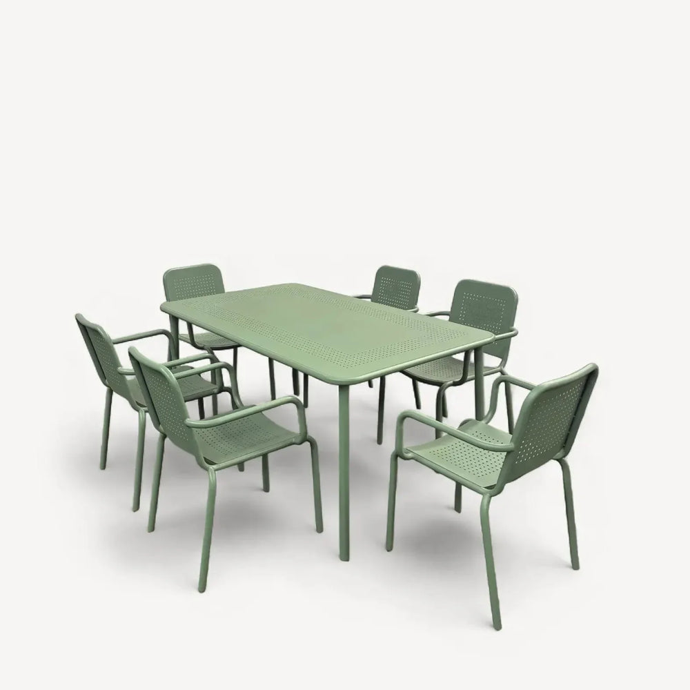Olive green outdoor dining set with rectangular table and six matching chairs