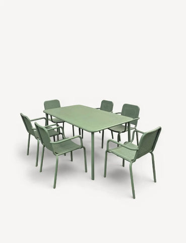 Olive green outdoor dining set with rectangular table and six matching chairs