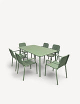 Olive green outdoor dining set with rectangular table and six matching chairs