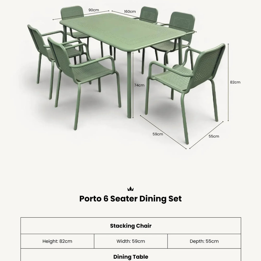 Olive green Porto 6 seater dining set with rectangular table and six stacking chairs