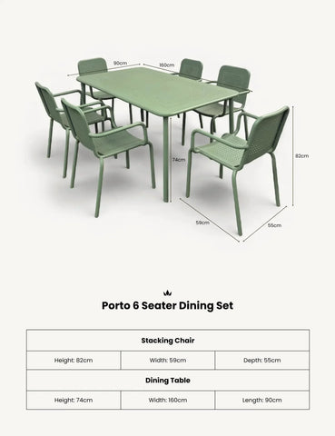 Olive green Porto 6 seater dining set with rectangular table and six stacking chairs