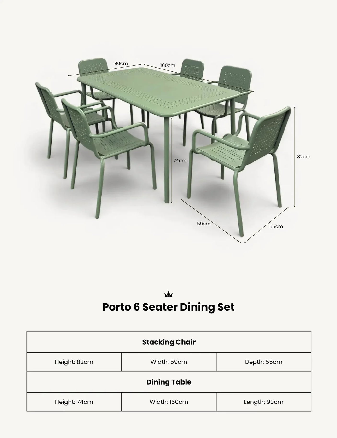 Olive green Porto 6 seater dining set with rectangular table and six stacking chairs