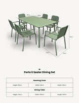 Olive green Porto 6 seater dining set with rectangular table and six stacking chairs