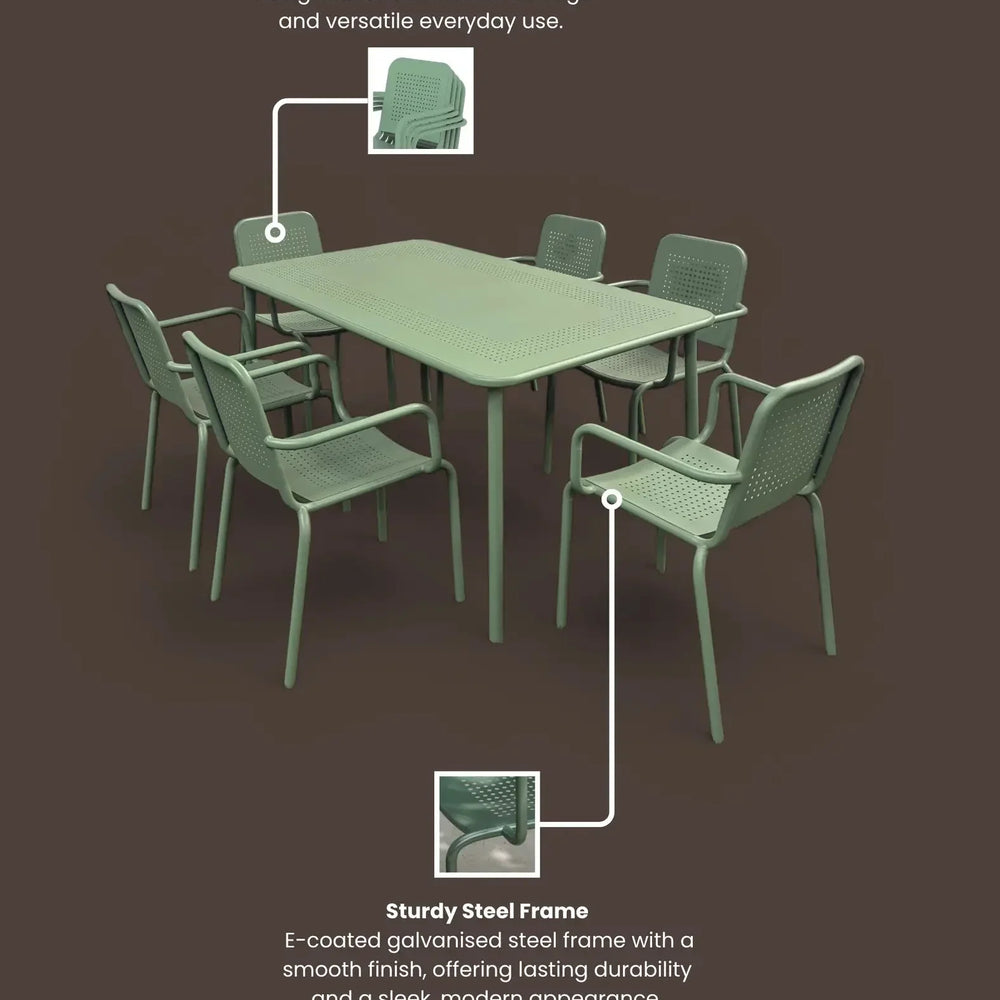 Olive green steel outdoor dining set with stackable chairs and rectangular table