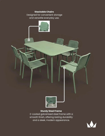 Olive green steel outdoor dining set with stackable chairs and rectangular table