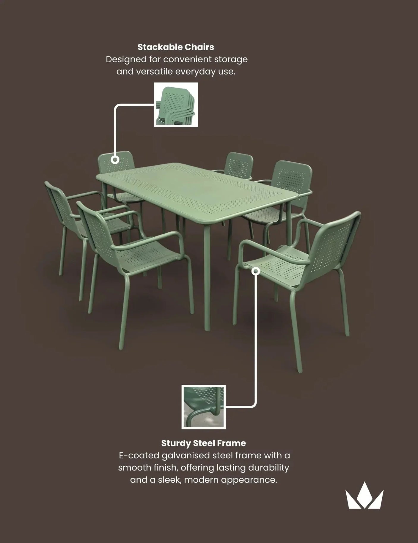 Olive green steel outdoor dining set with stackable chairs and rectangular table