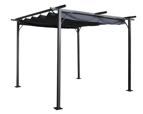 Grey metal pergola with flat roof and adjustable canopy, outdoor use, garden structure