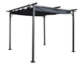 Grey metal pergola with flat roof and adjustable canopy, outdoor use, garden structure