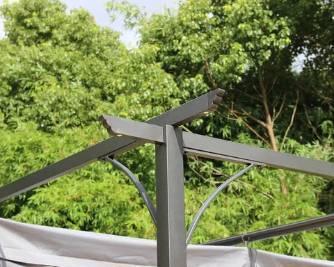 Grey pergola aluminium frame corner detail with lush garden background