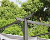 Grey pergola aluminium frame corner detail with lush garden background