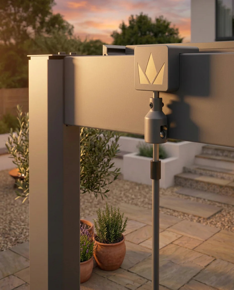 Outdoor mailbox on a stand with a garden and house in the background