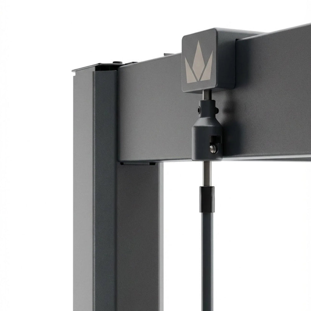 Close-up of a gray metal bracket with a logo on a white background