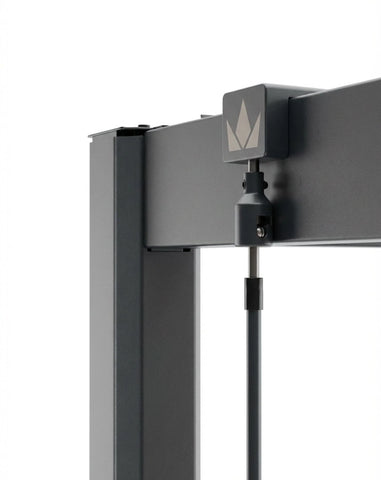 Close-up of a gray metal bracket with a logo on a white background