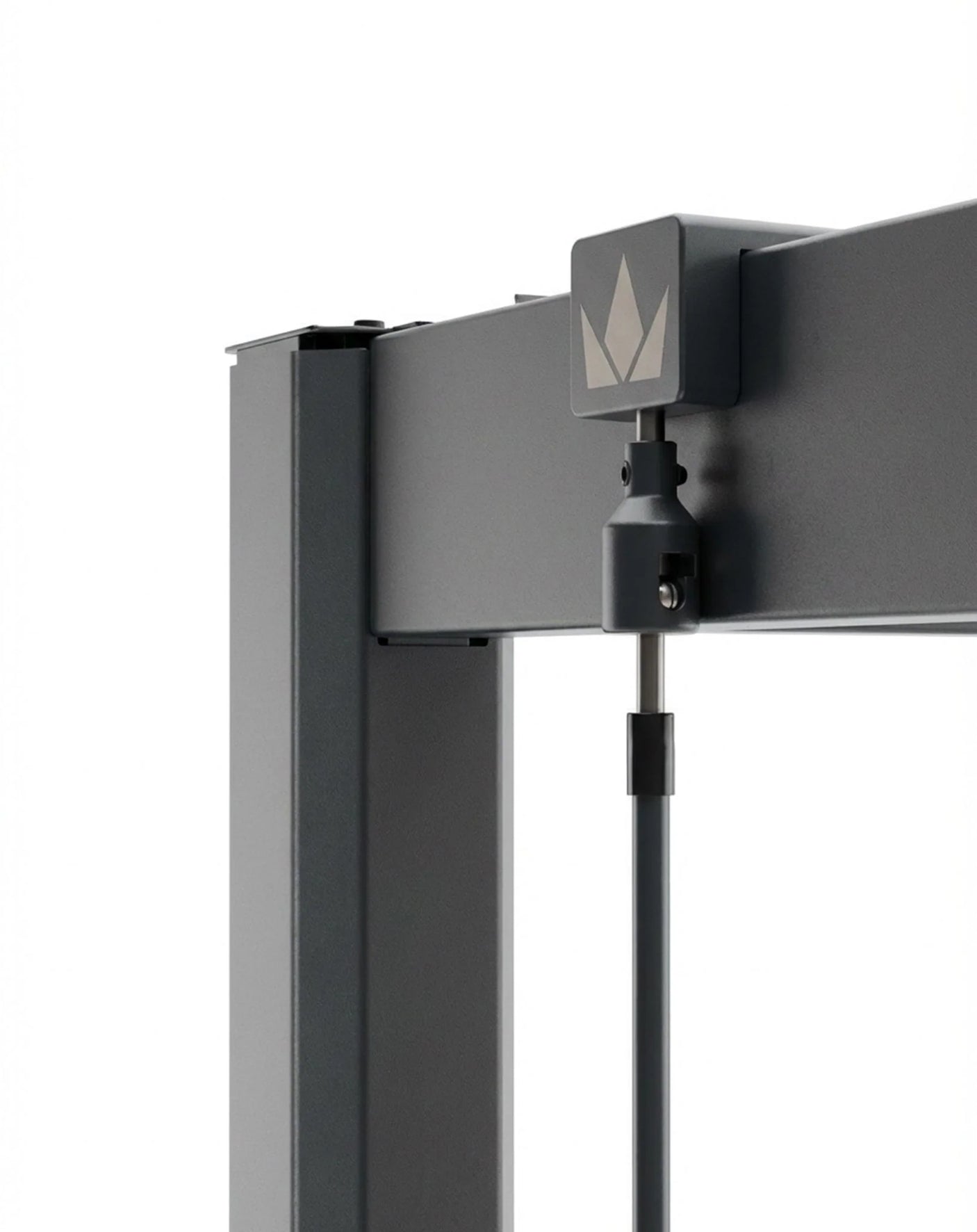 Close-up of a gray metal bracket with a logo on a white background