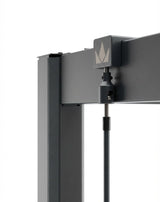 Close-up of a gray metal bracket with a logo on a white background