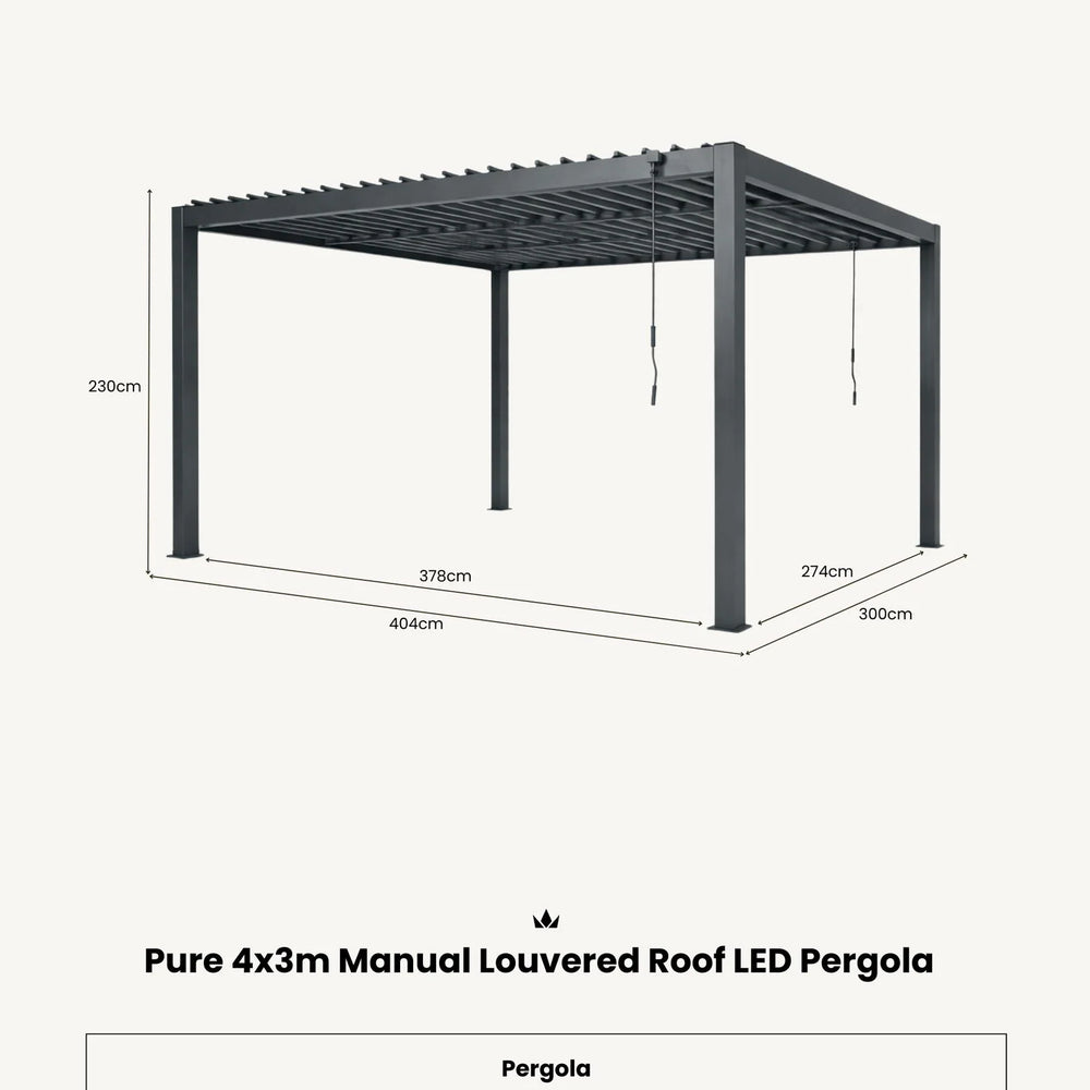 Black pergola with dimensions on a white background