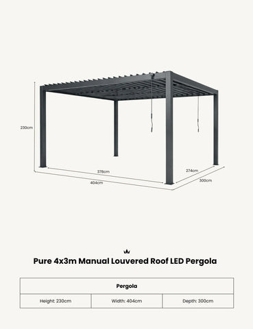 Black pergola with dimensions on a white background