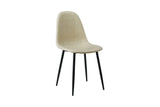 Taupe dining chair with curved seat and black metal legs on white background