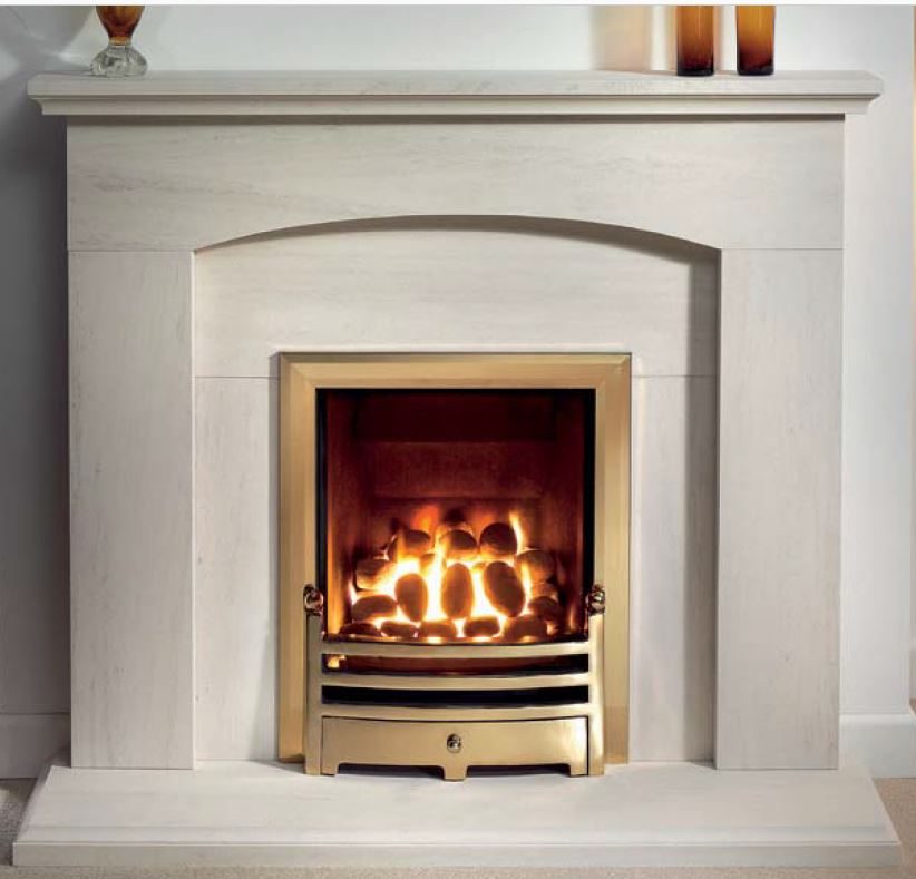 Elegant Cartmel 48" Portuguese Limestone fireplace featuring a sleek design with a polished finish, complemented by a gold-framed fire insert.