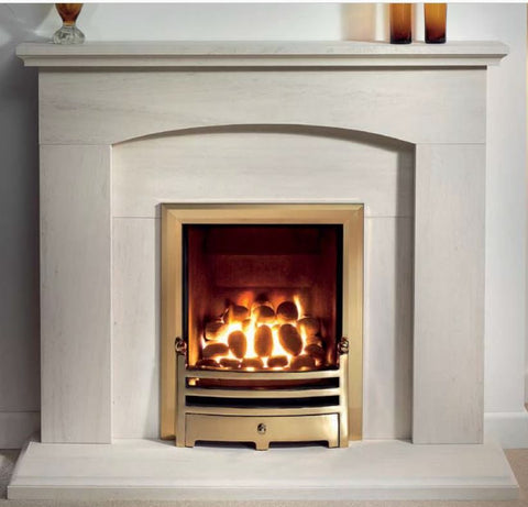 Elegant Cartmel 48" Portuguese Limestone fireplace featuring a sleek design with a polished finish, complemented by a gold-framed fire insert.