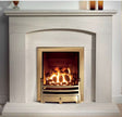 Elegant Cartmel 48" Portuguese Limestone fireplace featuring a sleek design with a polished finish, complemented by a gold-framed fire insert.