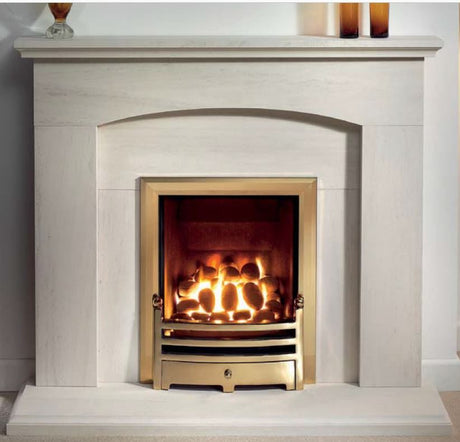 Elegant Cartmel 48" Portuguese Limestone fireplace featuring a sleek design with a polished finish, complemented by a gold-framed fire insert.