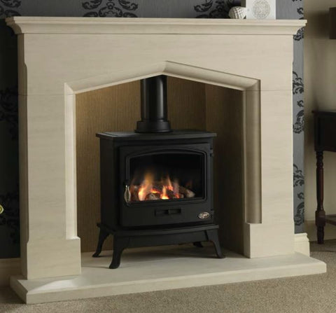 Elegant Coniston 54" Portuguese Limestone Suite featuring a classic design with a beautifully crafted limestone mantel and a black stove with a glowing fire.