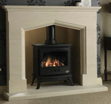 Elegant Coniston 54" Portuguese Limestone Suite featuring a classic design with a beautifully crafted limestone mantel and a black stove with a glowing fire.