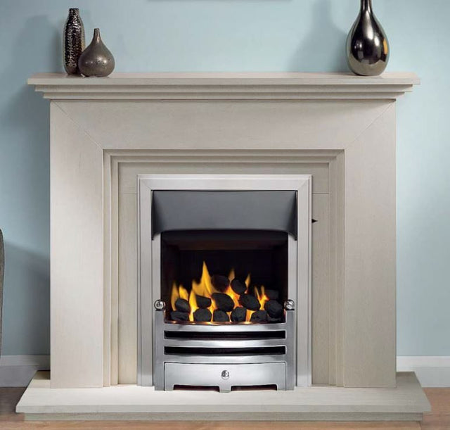 Cranbourne 44" Portuguese Limestone Suite featuring a sleek and modern design, complete with a polished silver fire insert.