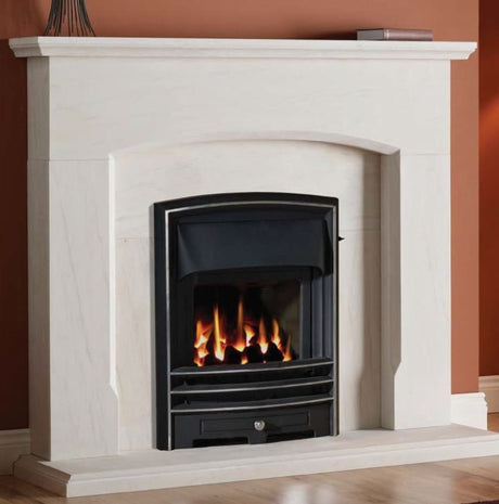 Dacre 54" Portuguese Limestone Suite featuring a classic design with a sleek, white limestone finish and a black fireplace insert.